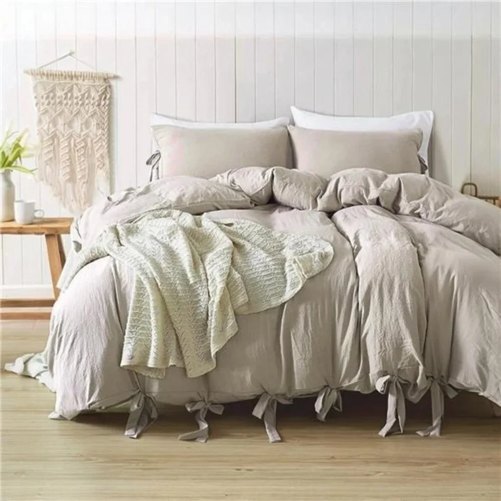 NEW West Elm Boho Beige Khaki Bow Queen / King Microfiber Bedding Duvet Sham Set